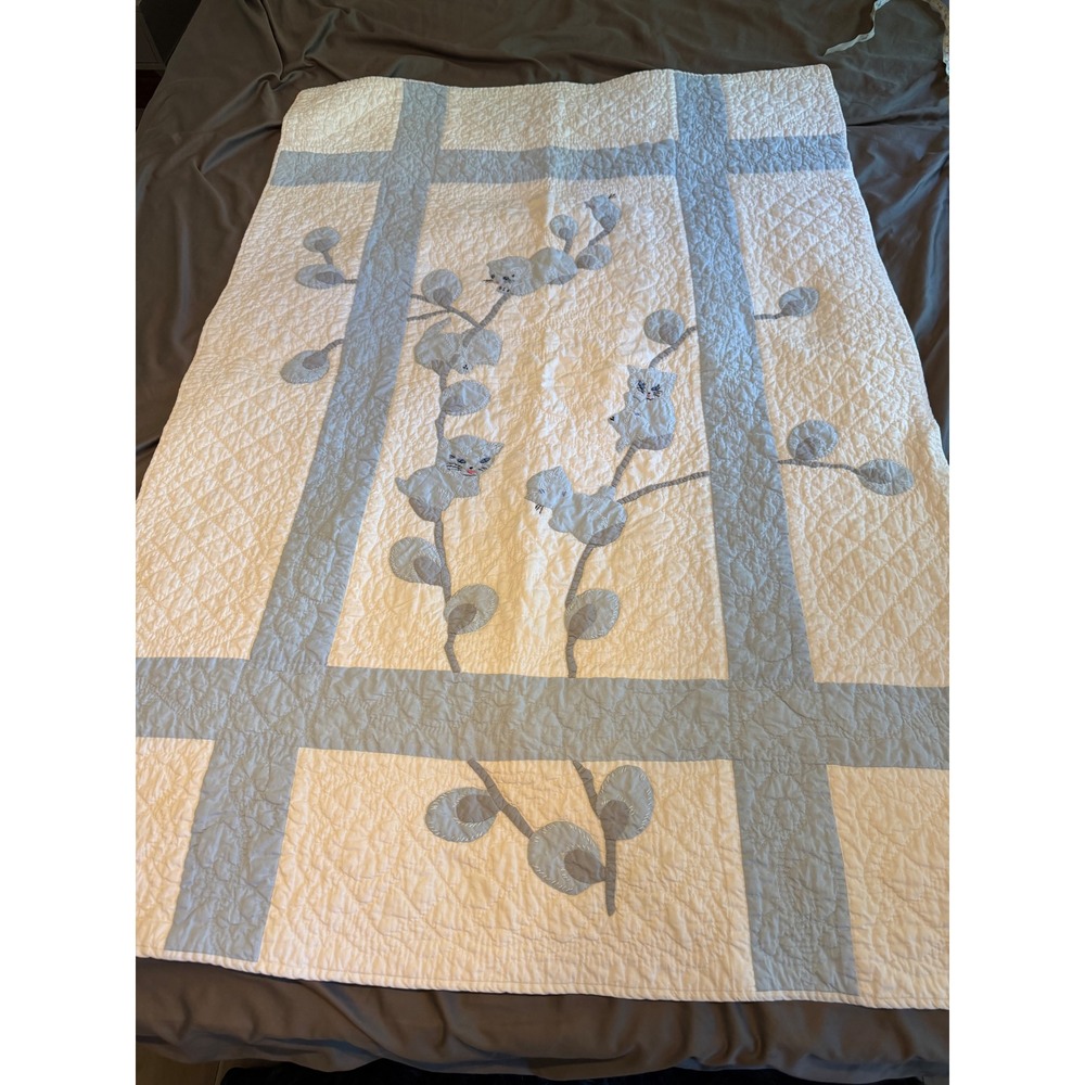 Vintage Handmade Baby Quilt Blue Applique Kitten Cat Nursery Blanket Cottagecore